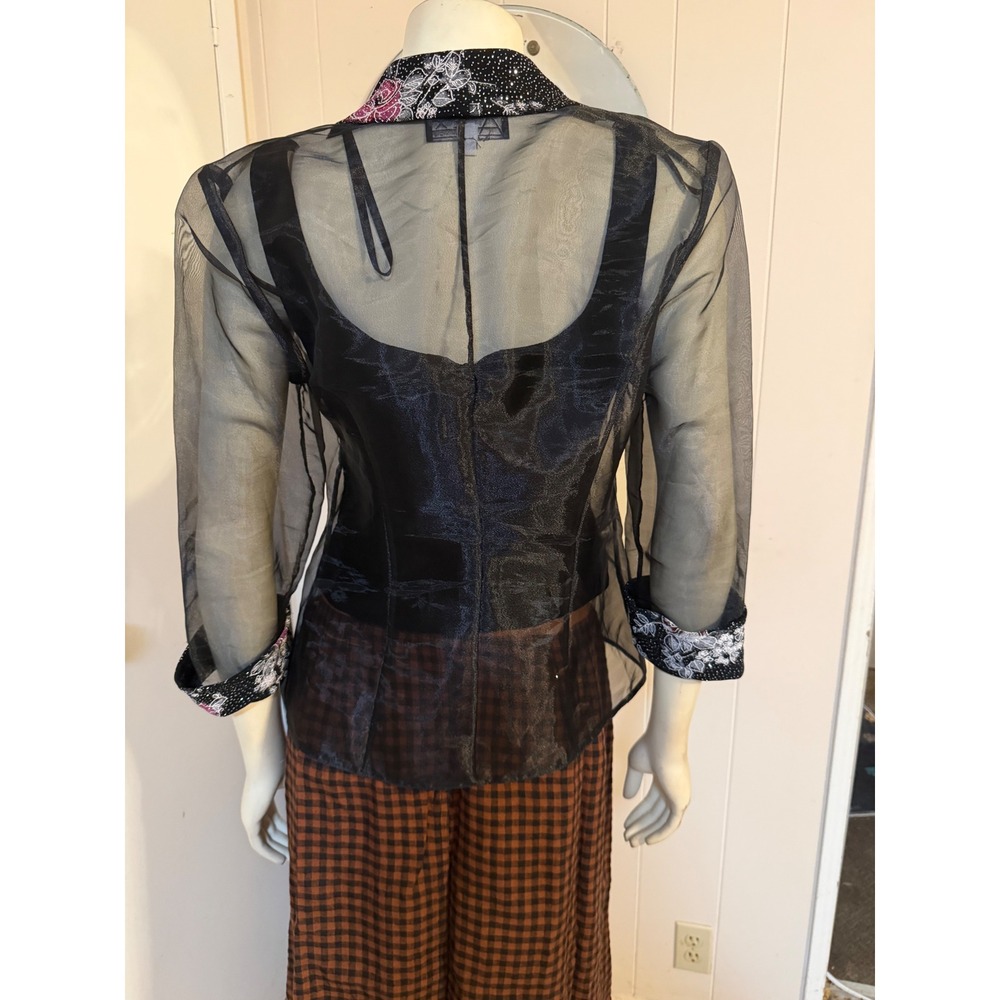 Alex Evenings Black Sheer Organza Floral Glitter Trim Open Jacket Small